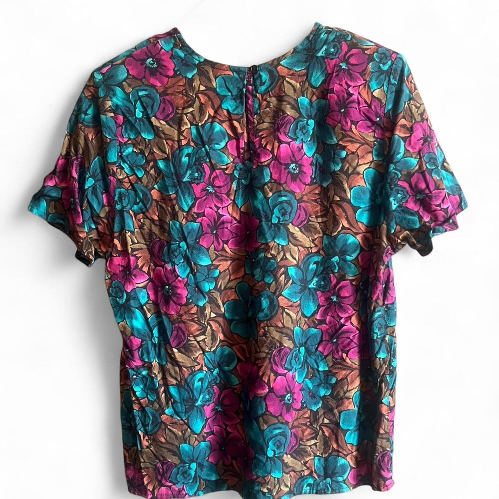 Vintage Ellen Ashley Floral Blouse L – Bright Teal Pink Burnt Orange Retro Top